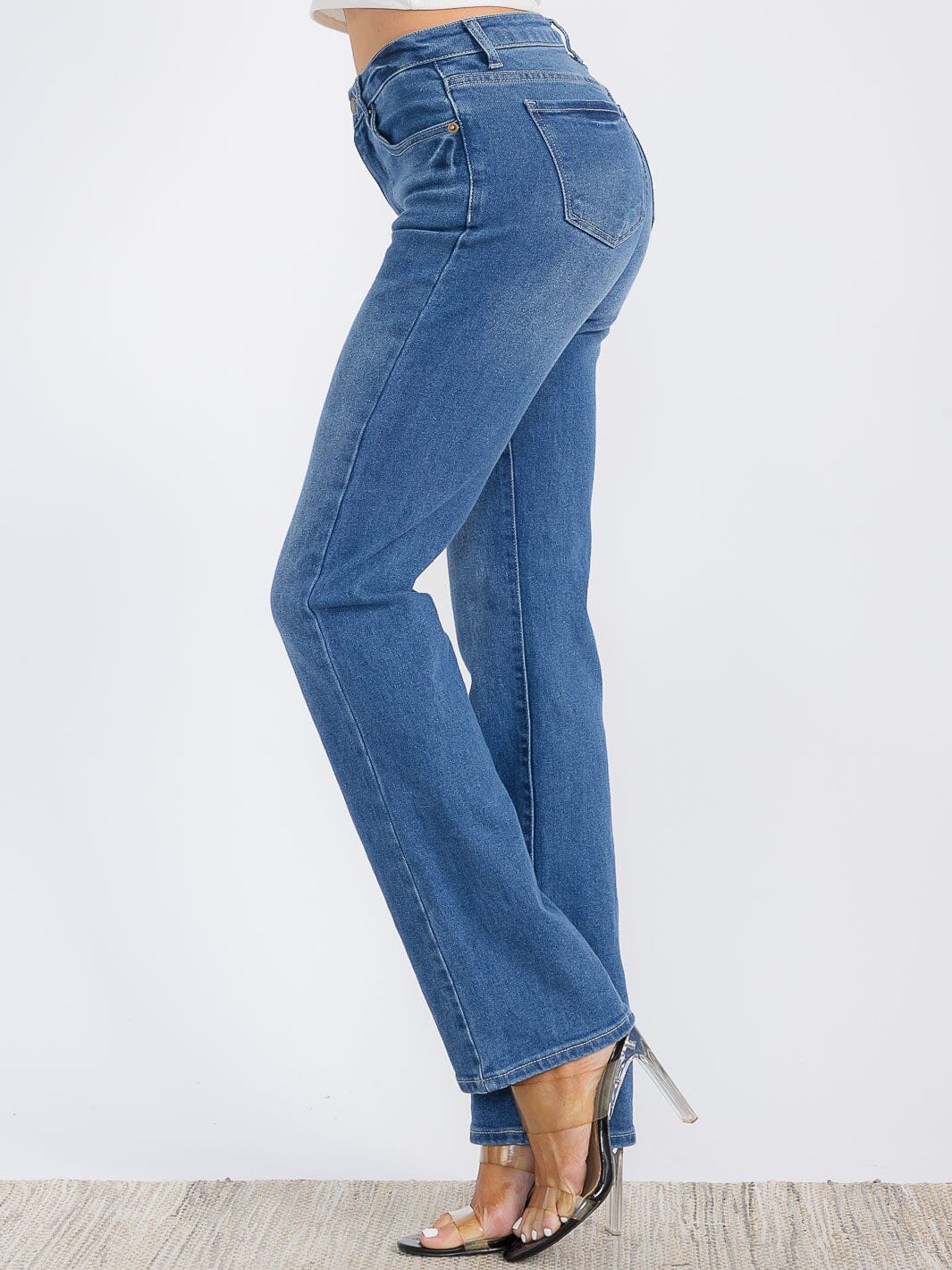 WOMEN'S BUTTON CLOSURE STRETCH WASHED DENIM WIDE LEG PANTS