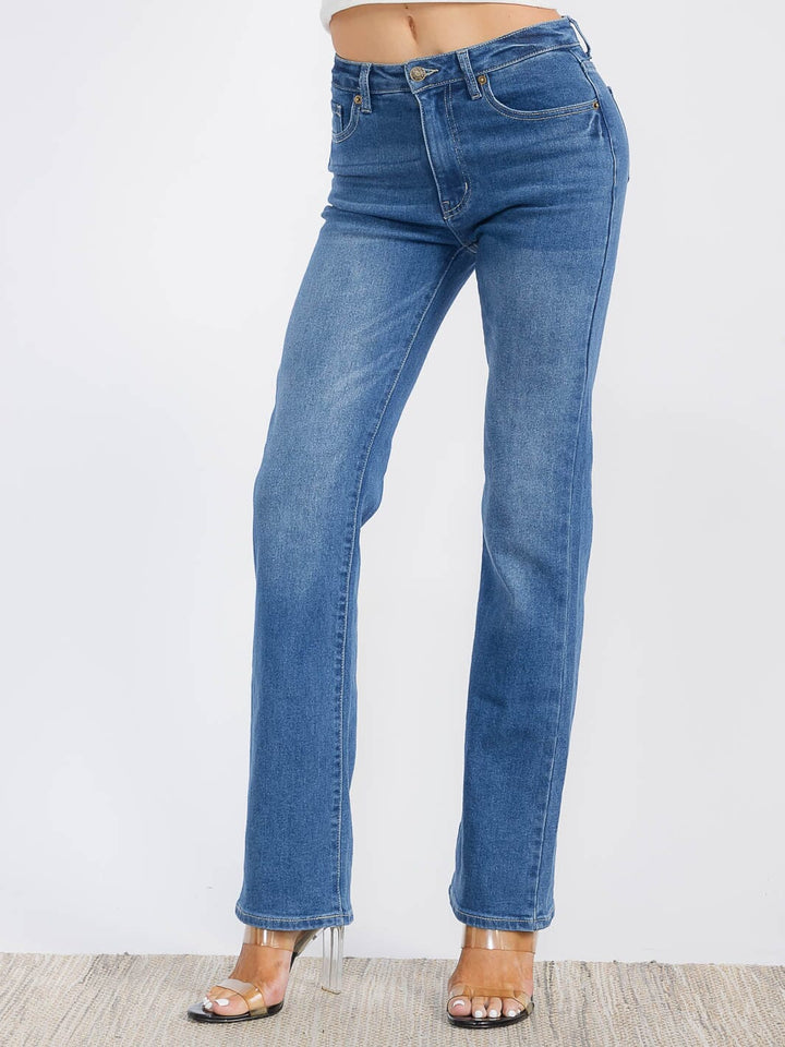 WOMEN'S BUTTON CLOSURE STRETCH WASHED DENIM WIDE LEG PANTS