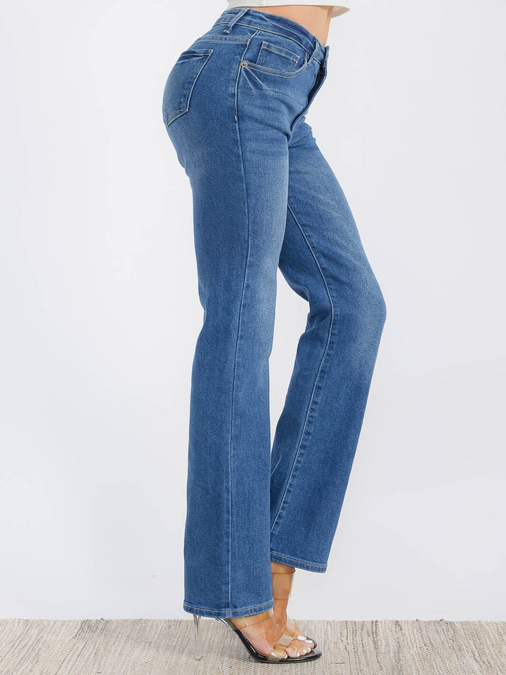 WOMEN'S BUTTON CLOSURE STRETCH WASHED DENIM WIDE LEG PANTS