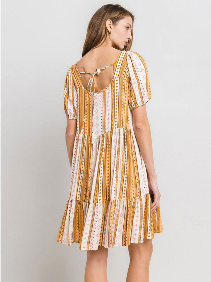 WOMEN'S SHORT SLEEVE TIERED FRONT POCKETS MULTI PRINT TUNIC MINI DRESS