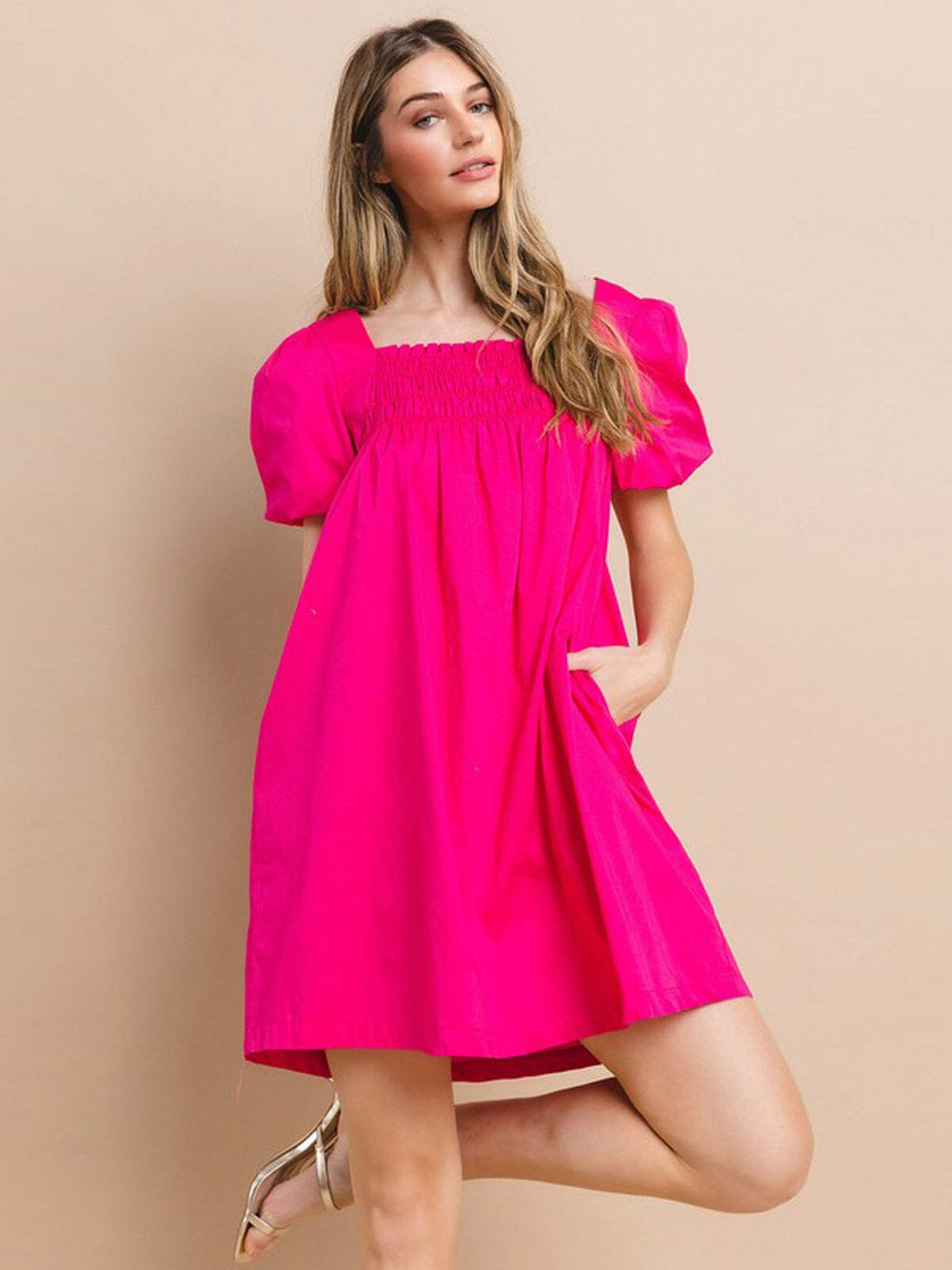 WOMEN'S SHORT SLEEVE POCKETS SMOCK TUNIC MINI DRESS