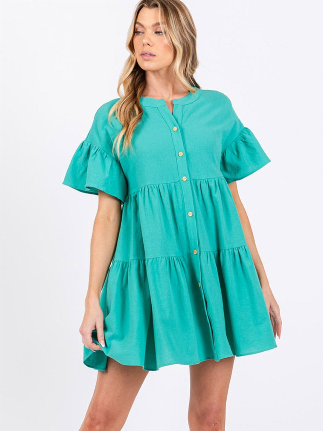 WOMEN'S SHORT SLEEVE BUTTON UP TIERED POCKETS TUNIC MINI DRESS