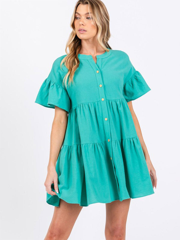 WOMEN'S SHORT SLEEVE BUTTON UP TIERED POCKETS TUNIC MINI DRESS