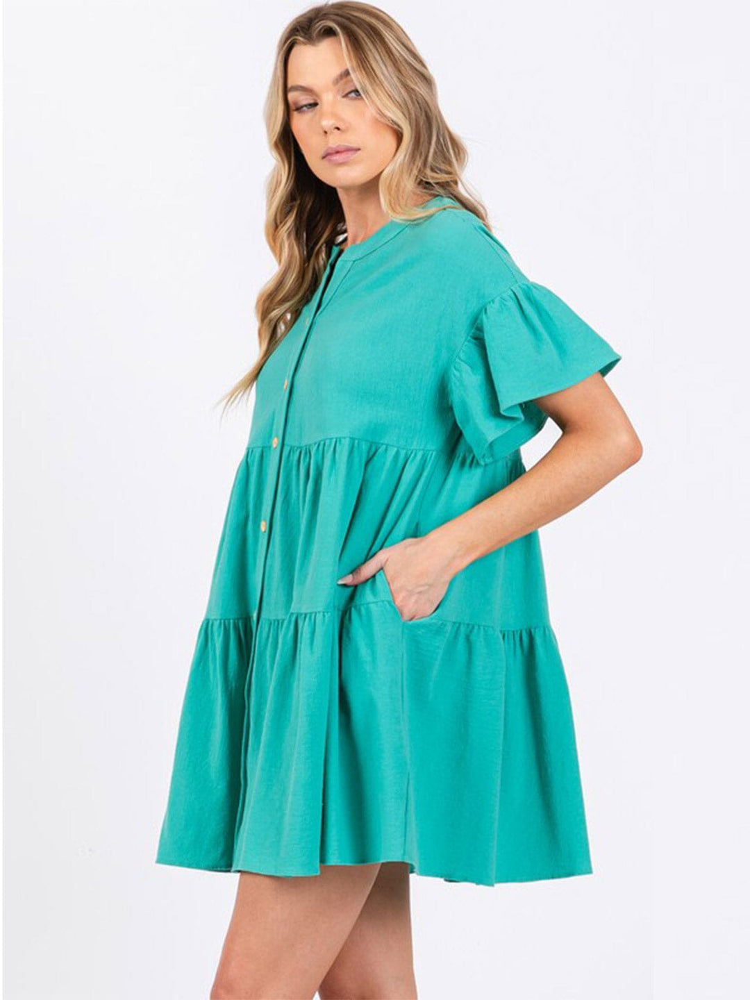 WOMEN'S SHORT SLEEVE BUTTON UP TIERED POCKETS TUNIC MINI DRESS