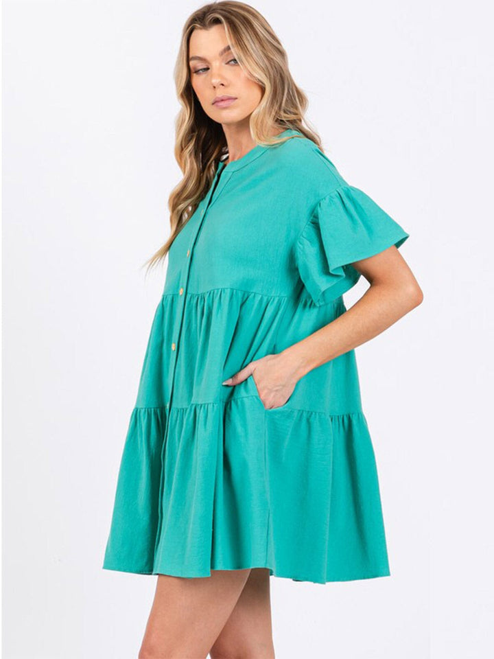 WOMEN'S SHORT SLEEVE BUTTON UP TIERED POCKETS TUNIC MINI DRESS