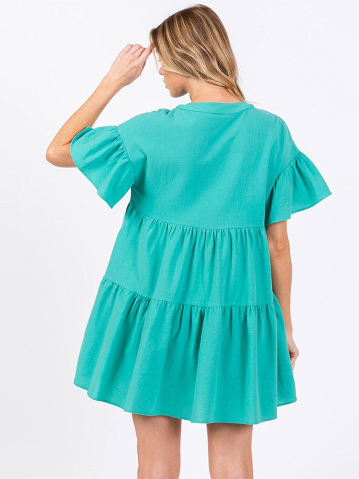 WOMEN'S SHORT SLEEVE BUTTON UP TIERED POCKETS TUNIC MINI DRESS