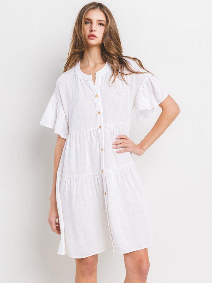 WOMEN'S SHORT SLEEVE BUTTON UP TIERED POCKETS TUNIC MINI DRESS