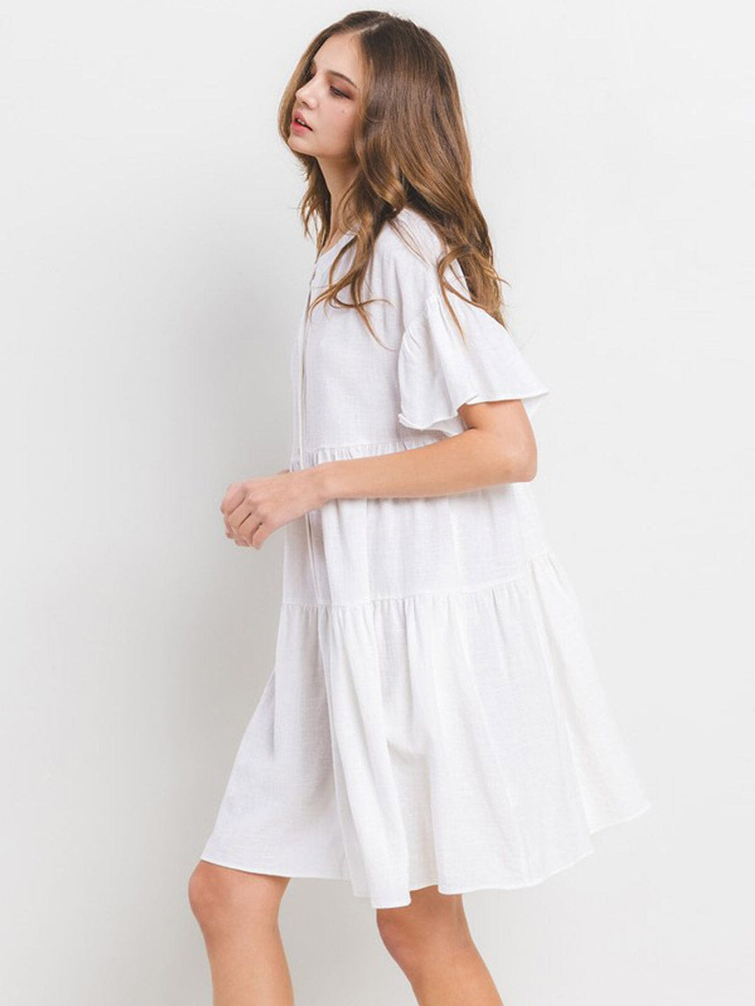 WOMEN'S SHORT SLEEVE BUTTON UP TIERED POCKETS TUNIC MINI DRESS