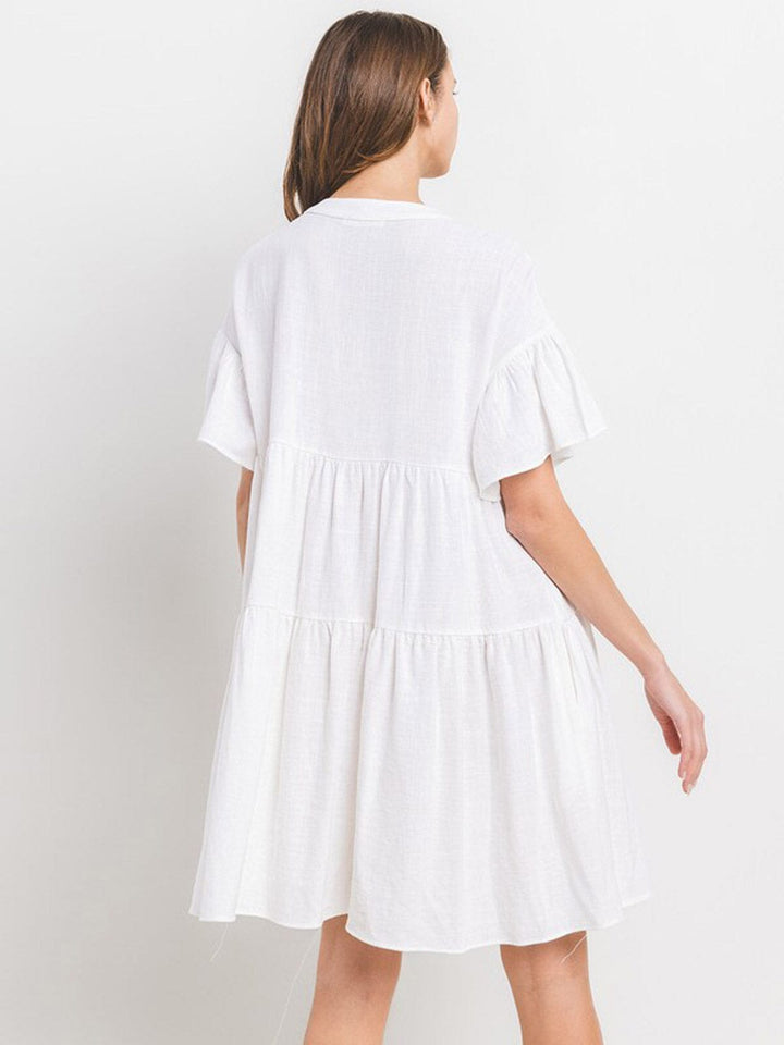 WOMEN'S SHORT SLEEVE BUTTON UP TIERED POCKETS TUNIC MINI DRESS