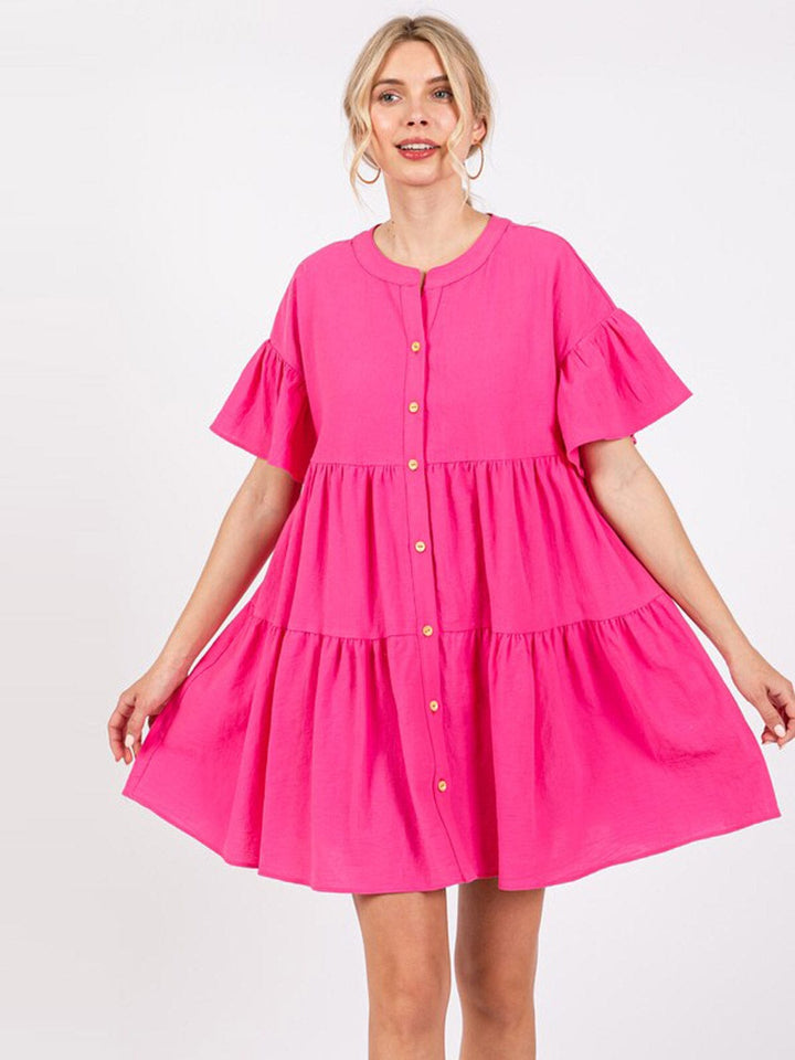 WOMEN'S SHORT SLEEVE BUTTON UP TIERED POCKETS TUNIC MINI DRESS