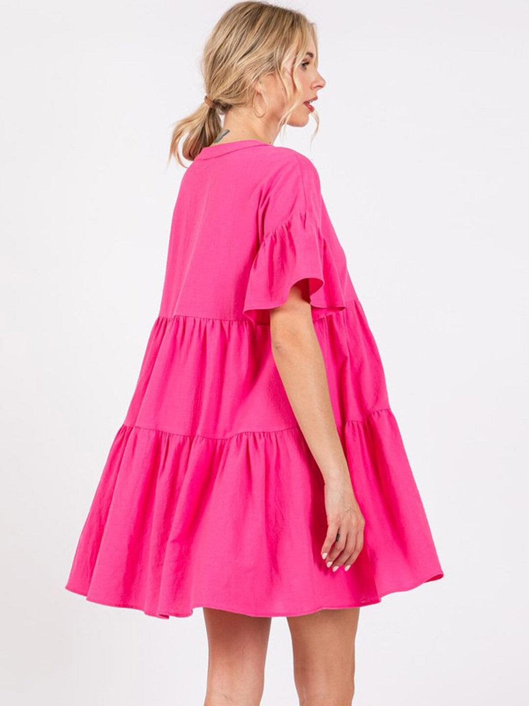 WOMEN'S SHORT SLEEVE BUTTON UP TIERED POCKETS TUNIC MINI DRESS