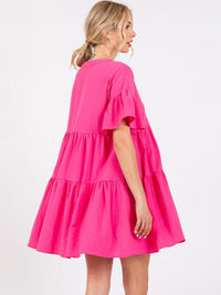 WOMEN'S SHORT SLEEVE BUTTON UP TIERED POCKETS TUNIC MINI DRESS