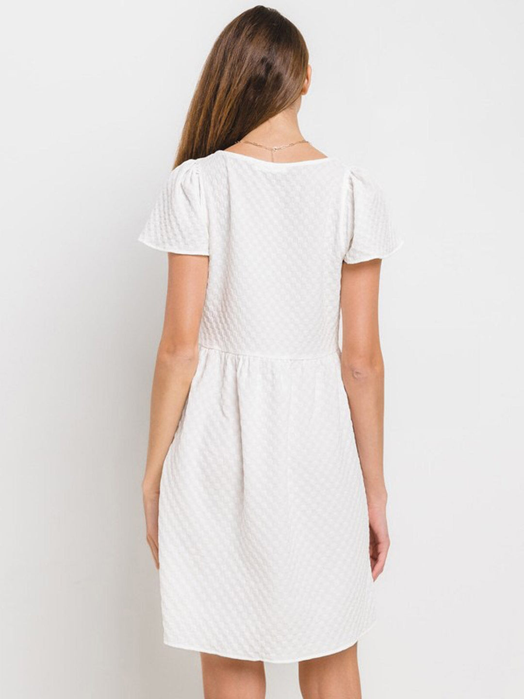 WOMEN'S SHORT SLEEVE SQUARE NECK POCKETS WAFFLE PRINT MINI DRESS