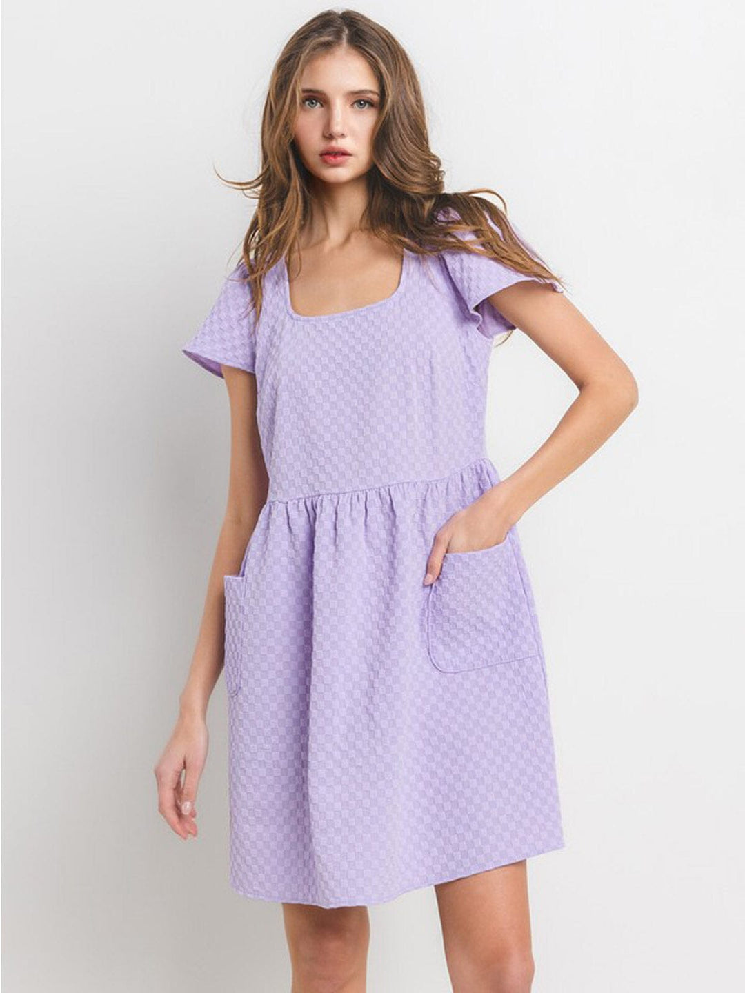 WOMEN'S SHORT SLEEVE SQUARE NECK POCKETS WAFFLE PRINT MINI DRESS