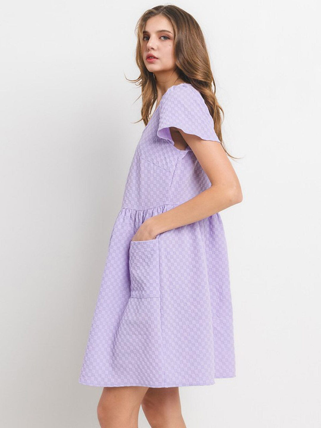 WOMEN'S SHORT SLEEVE SQUARE NECK POCKETS WAFFLE PRINT MINI DRESS