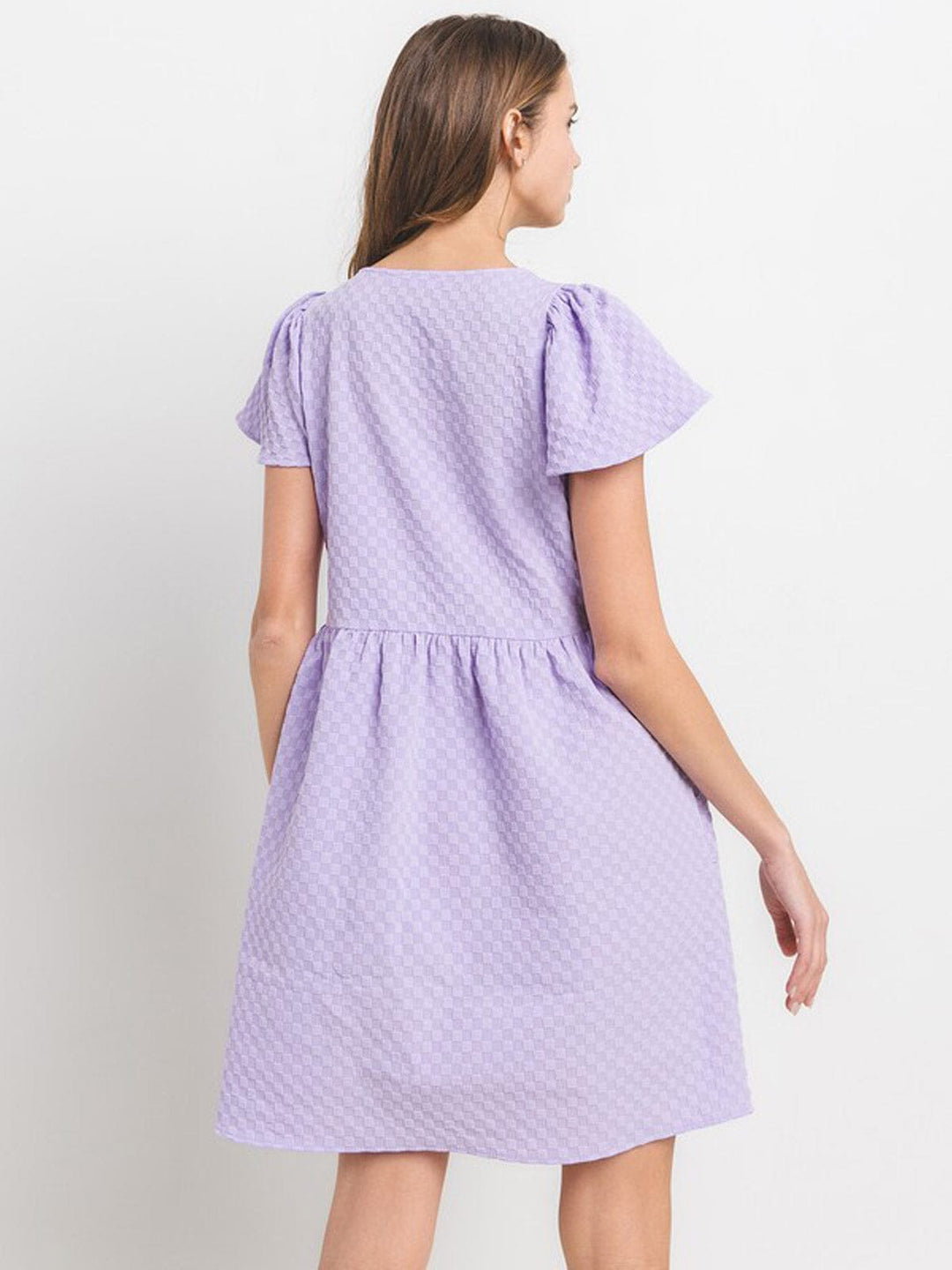 WOMEN'S SHORT SLEEVE SQUARE NECK POCKETS WAFFLE PRINT MINI DRESS