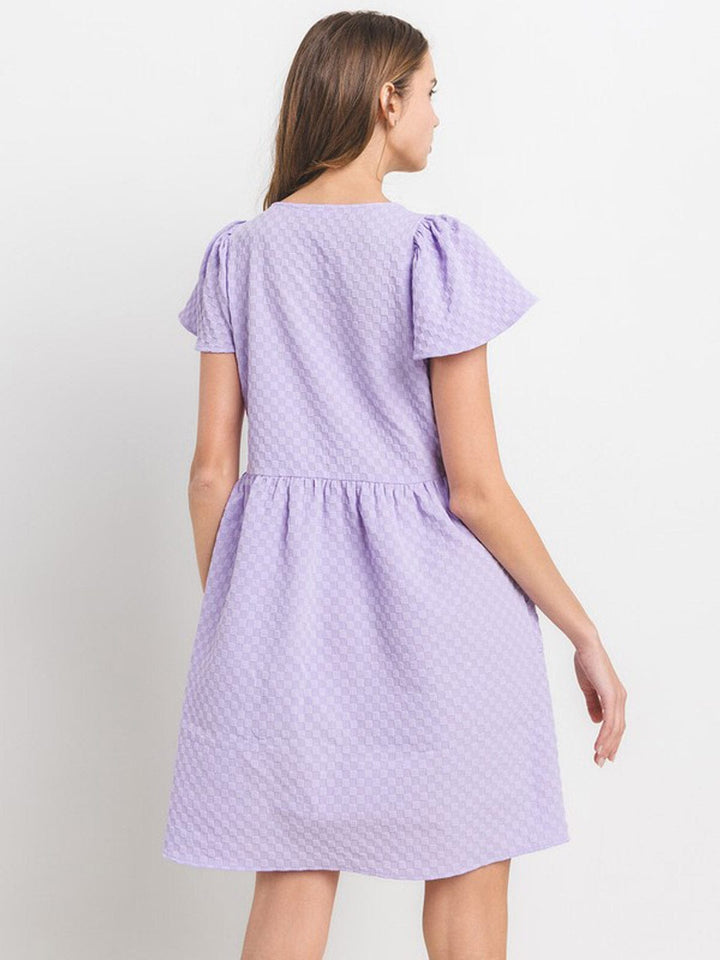 WOMEN'S SHORT SLEEVE SQUARE NECK POCKETS WAFFLE PRINT MINI DRESS