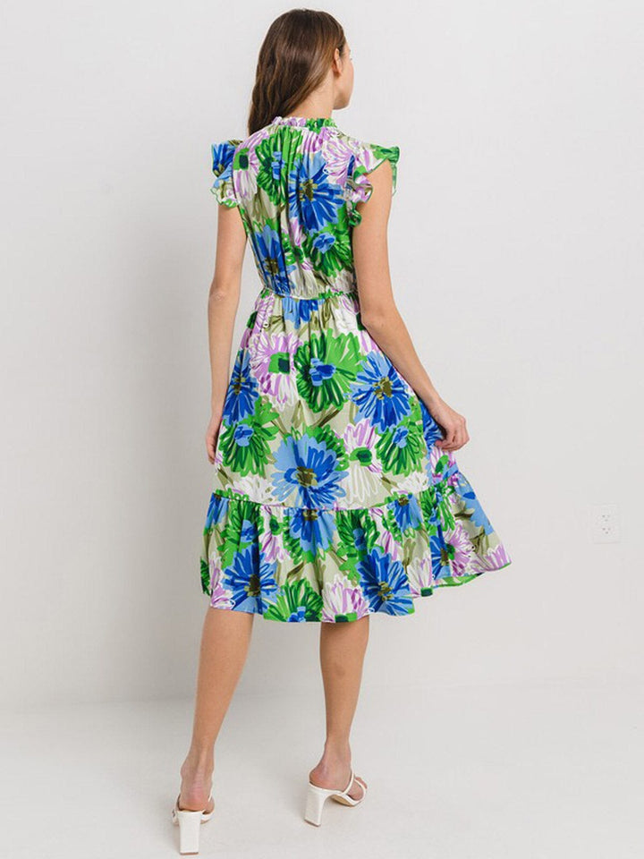 WOMEN'S RUFFLE SLEEVE ELASTIC WAIST FLORAL MIDI DRESS