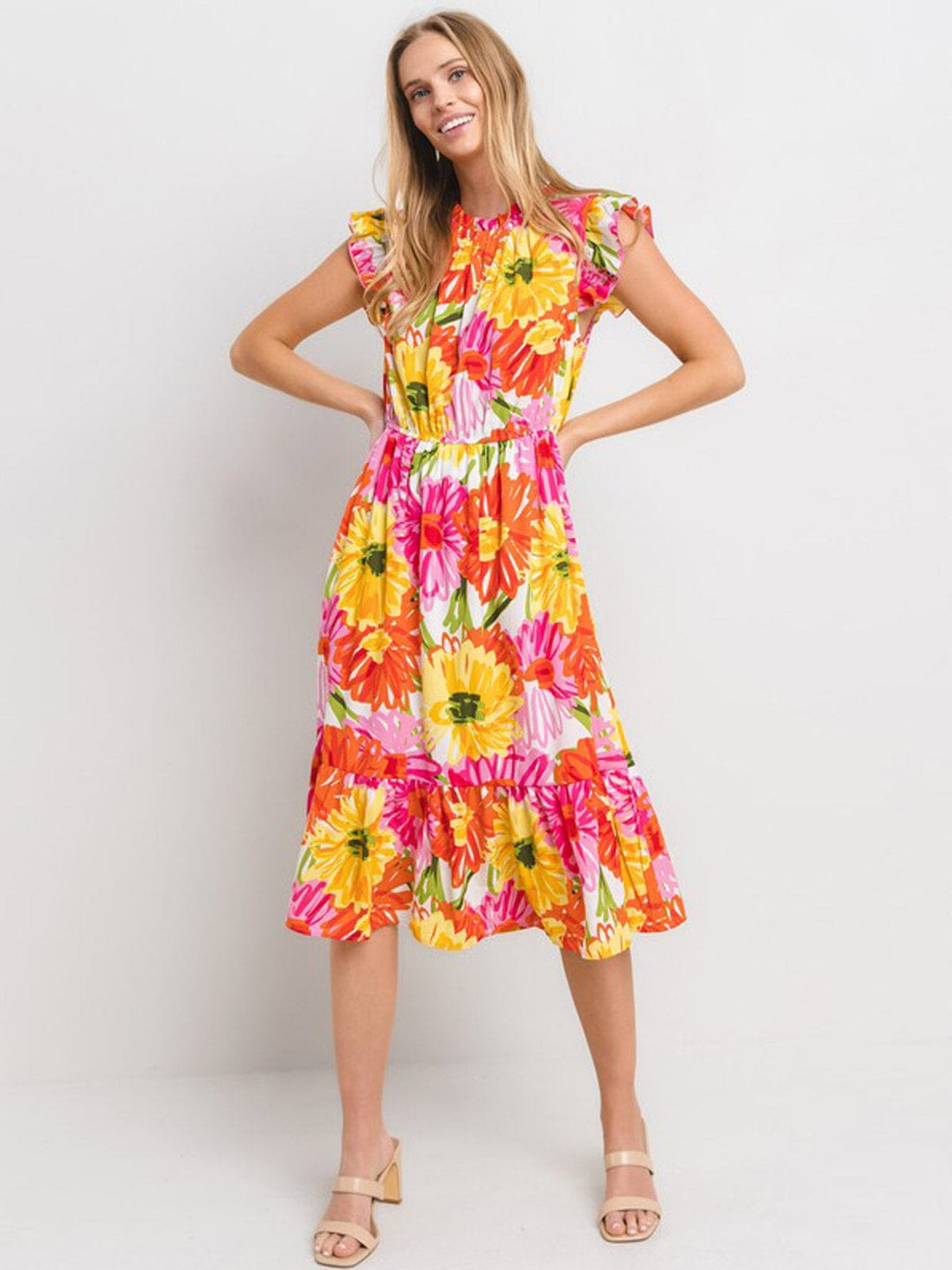 WOMEN'S RUFFLE SLEEVE ELASTIC WAIST FLORAL MIDI DRESS