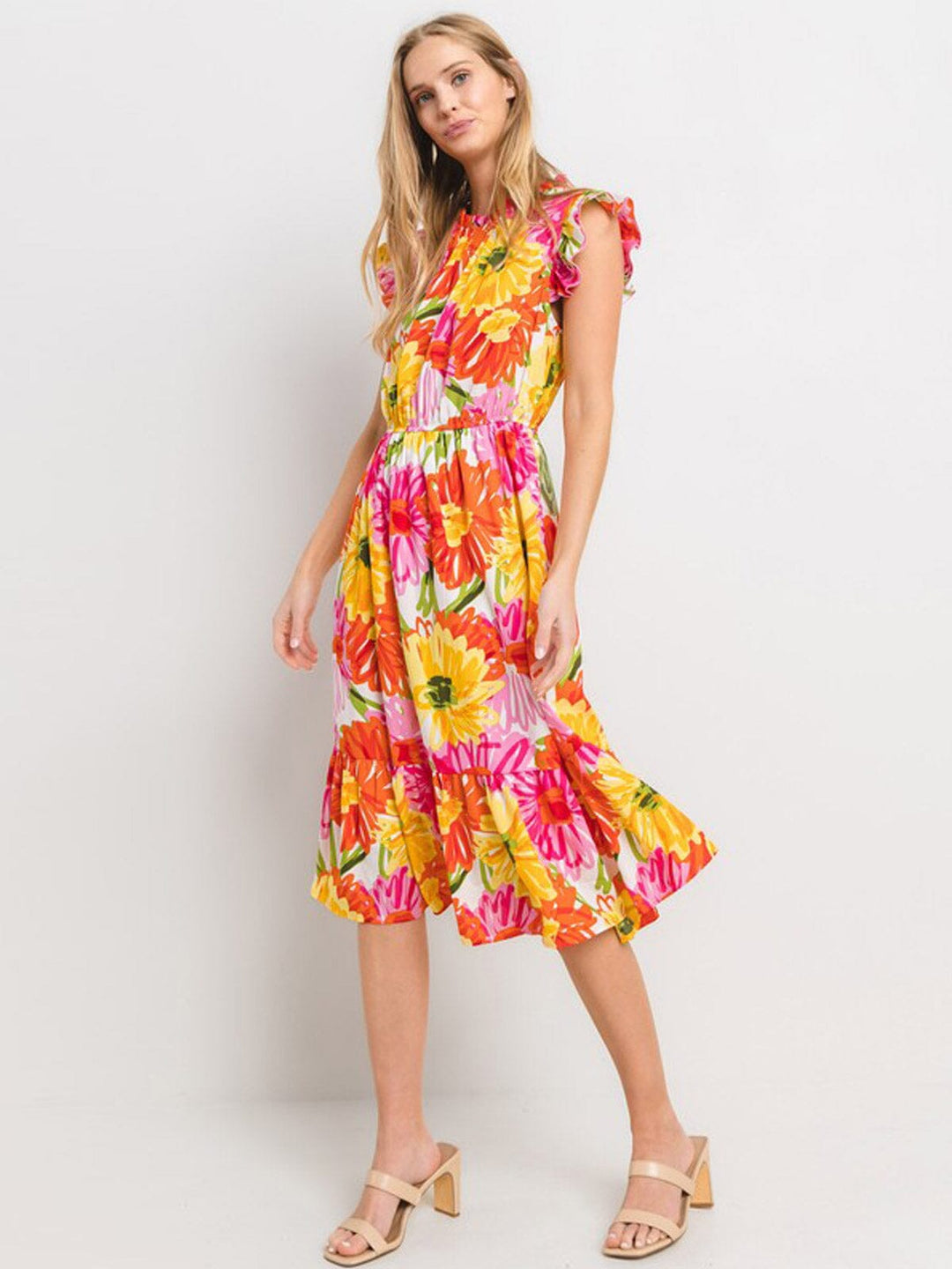 WOMEN'S RUFFLE SLEEVE ELASTIC WAIST FLORAL MIDI DRESS