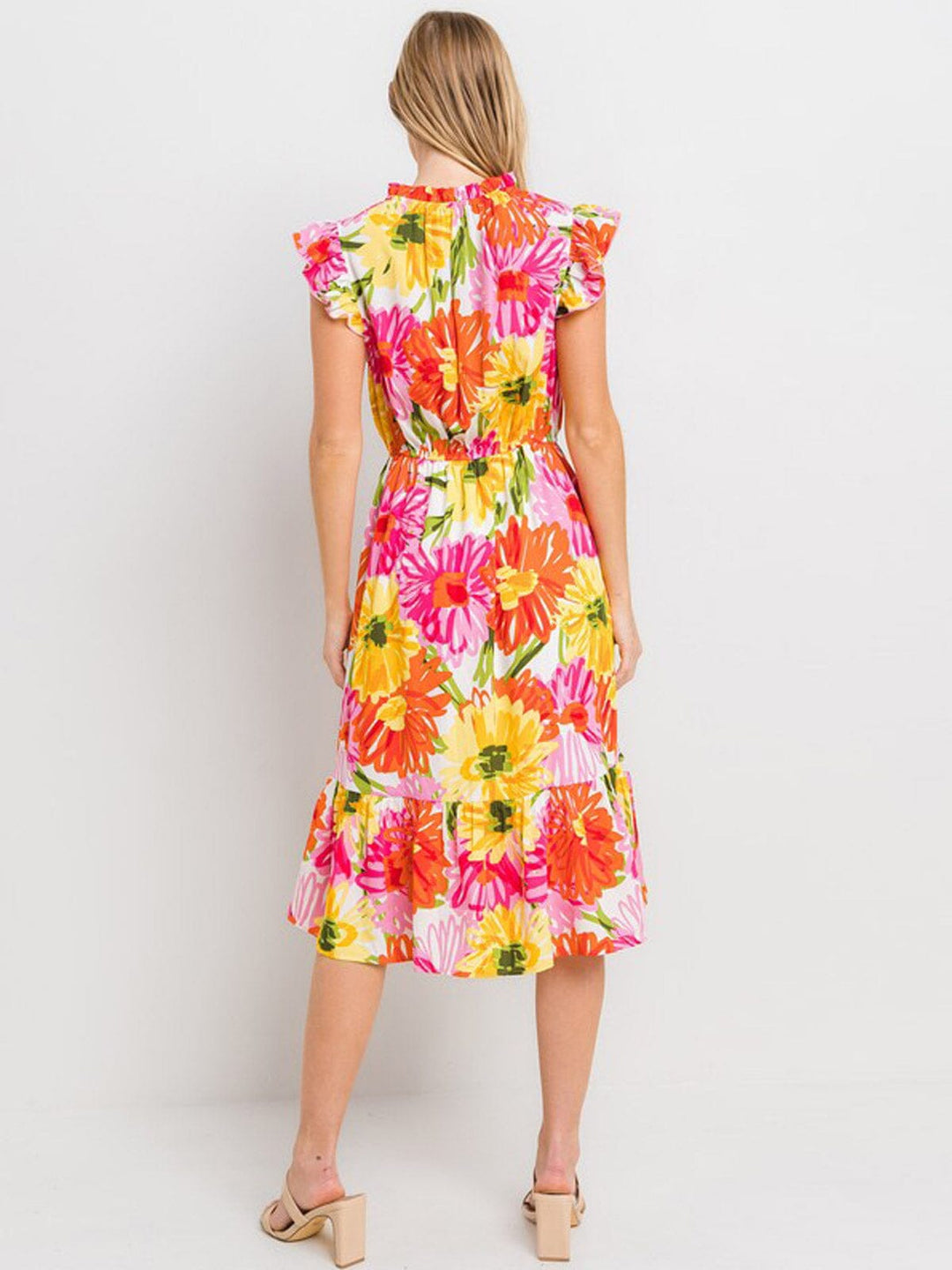 WOMEN'S RUFFLE SLEEVE ELASTIC WAIST FLORAL MIDI DRESS