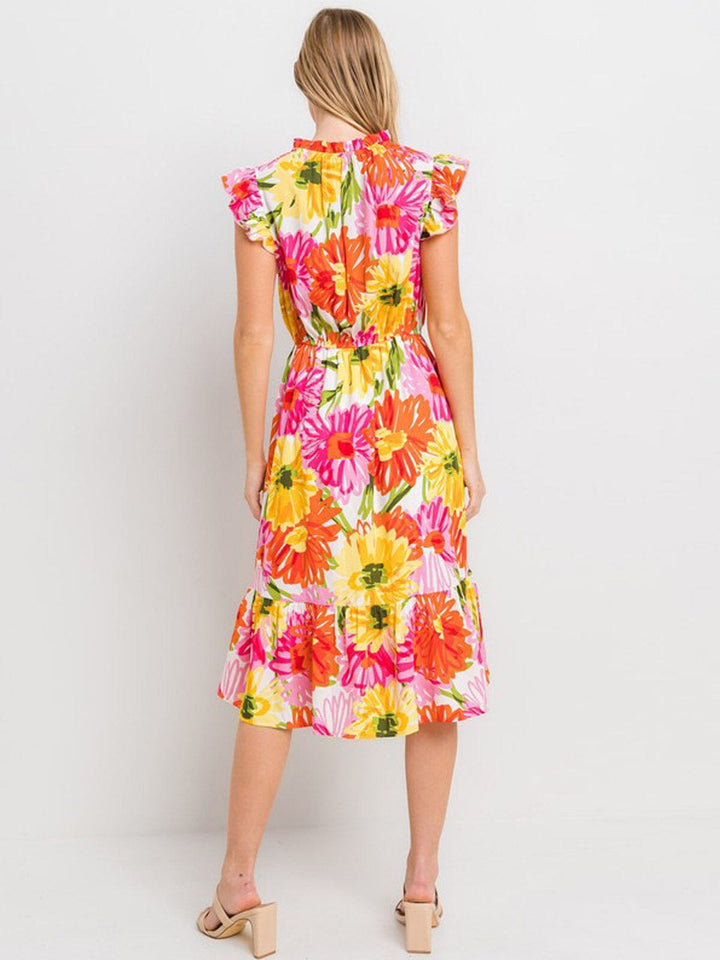 WOMEN'S RUFFLE SLEEVE ELASTIC WAIST FLORAL MIDI DRESS