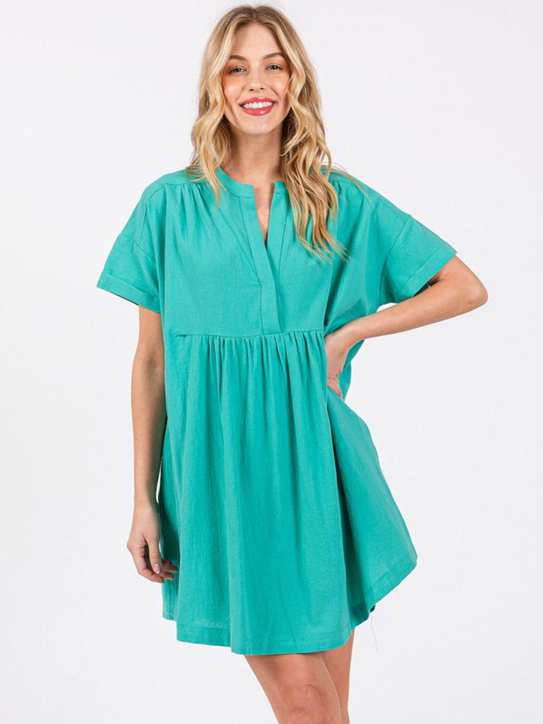 WOMEN'S SHORT SLEEVE BUTTON UP POCKETS TUNIC MINI DRESS