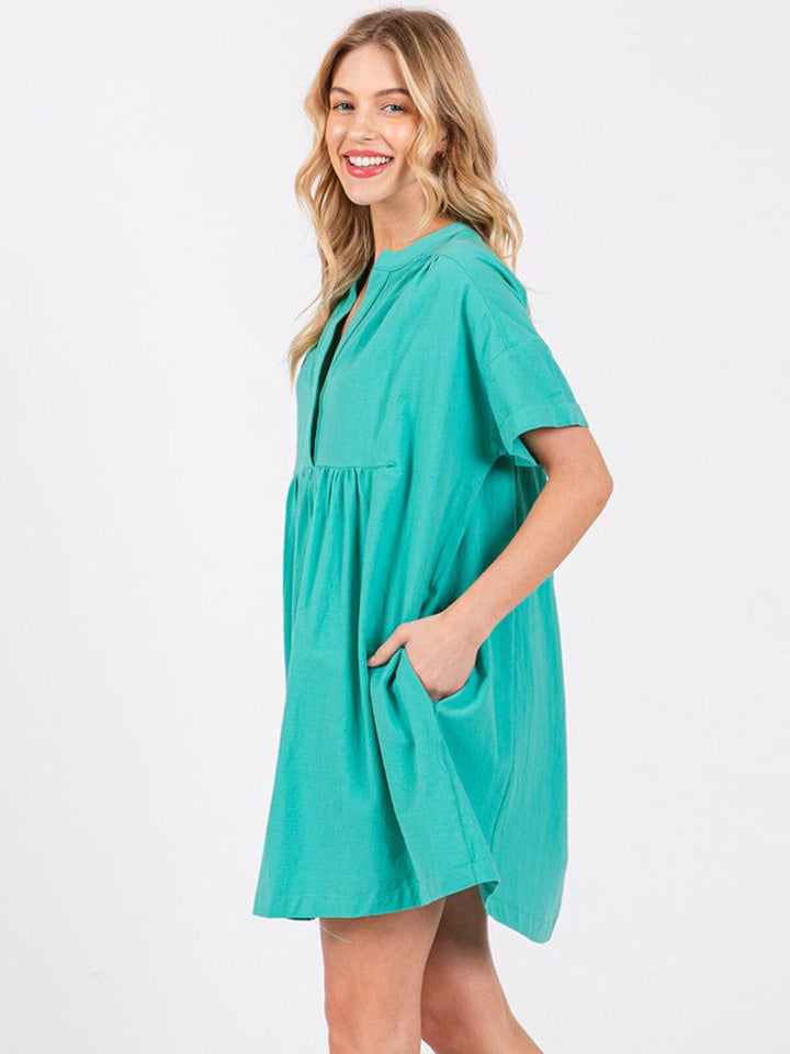 WOMEN'S SHORT SLEEVE BUTTON UP POCKETS TUNIC MINI DRESS