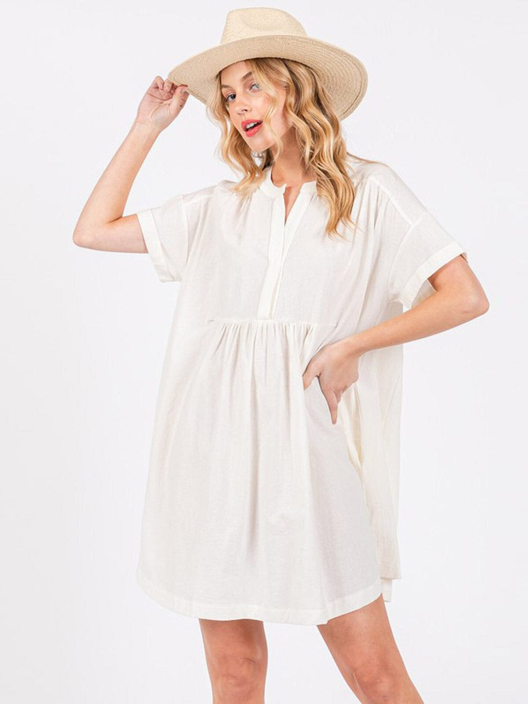 WOMEN'S SHORT SLEEVE BUTTON UP POCKETS TUNIC MINI DRESS