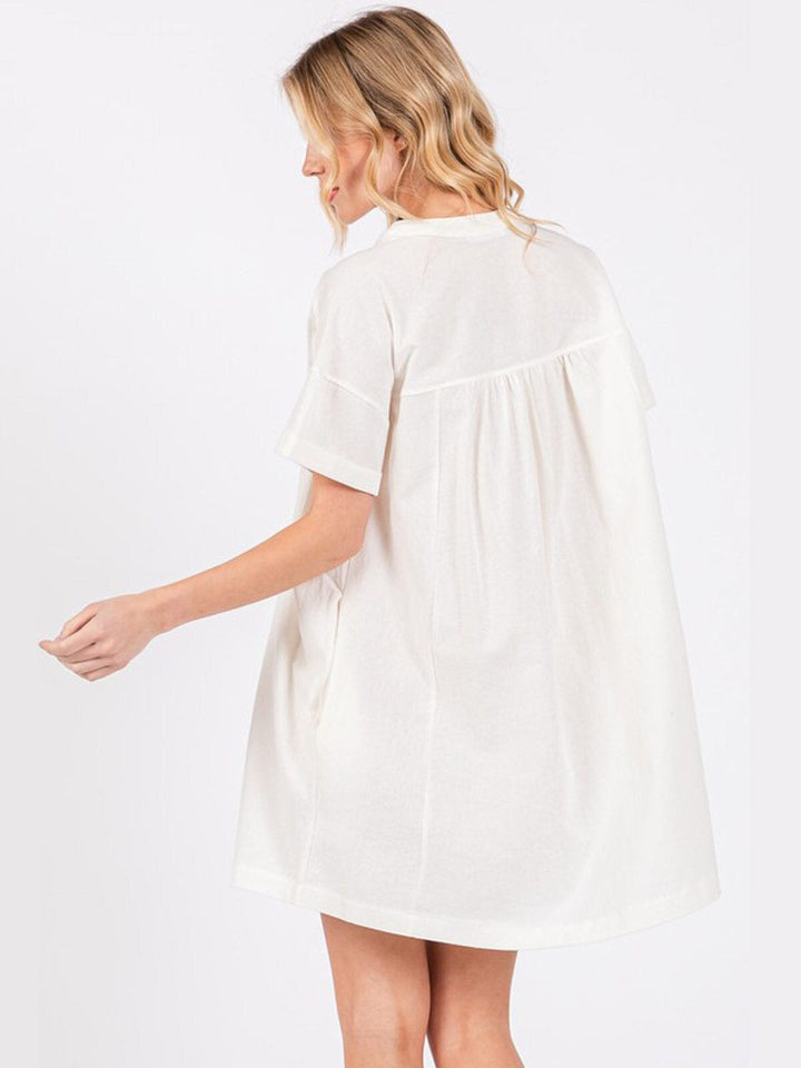 WOMEN'S SHORT SLEEVE BUTTON UP POCKETS TUNIC MINI DRESS