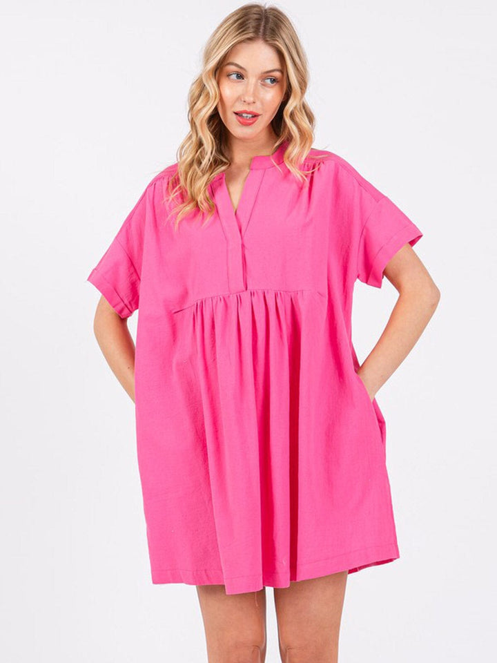WOMEN'S SHORT SLEEVE BUTTON UP POCKETS TUNIC MINI DRESS
