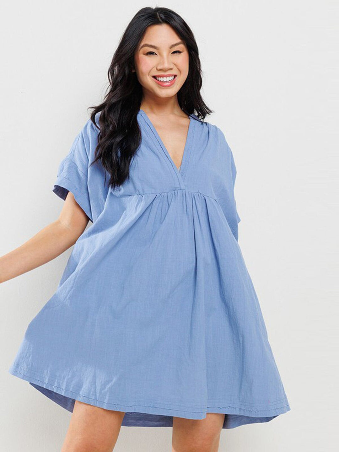 WOMEN'S SHORT SLEEVE V-NECK POCKETS TUNIC MINI DRESS