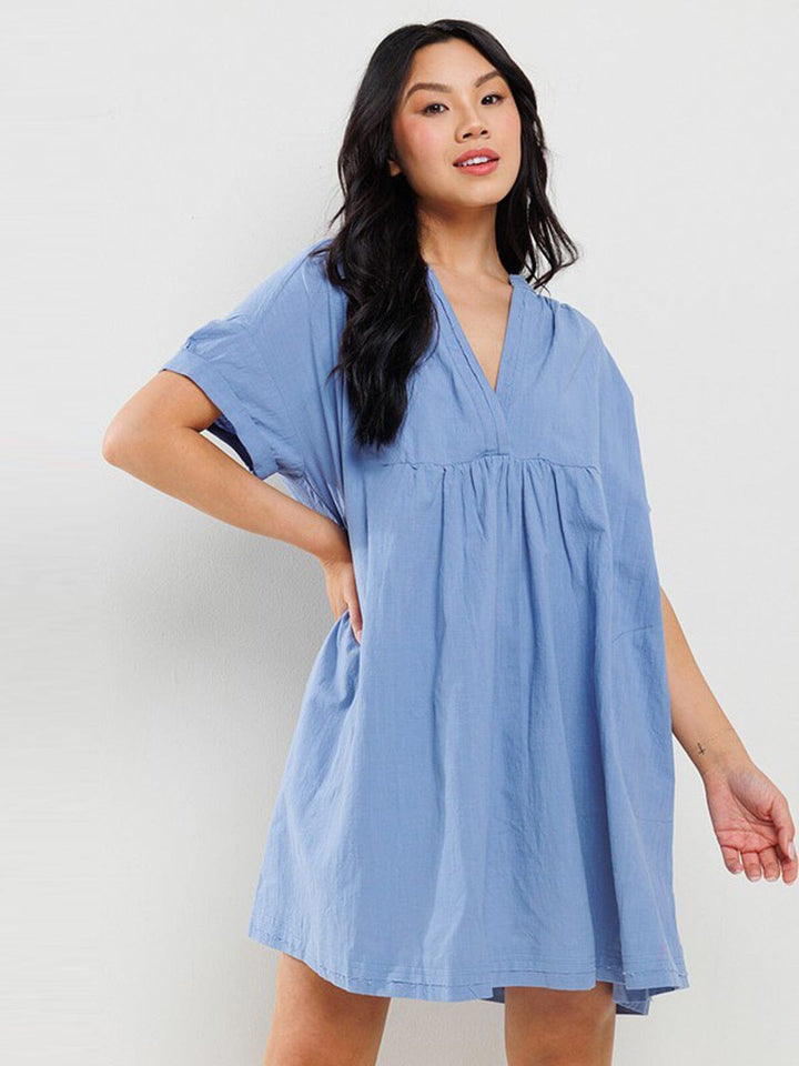 WOMEN'S SHORT SLEEVE V-NECK POCKETS TUNIC MINI DRESS