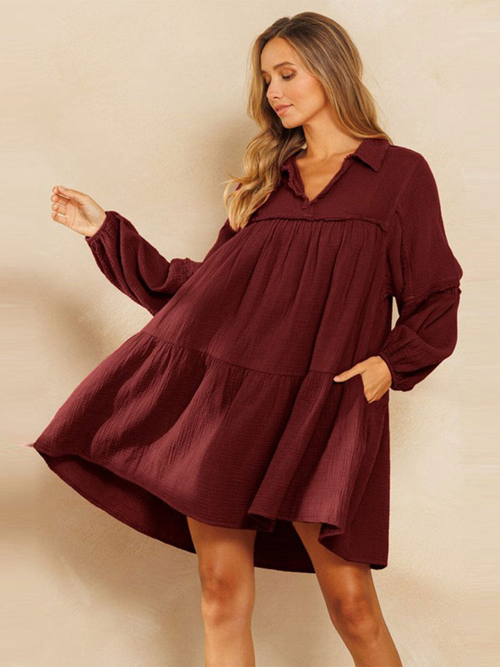 WOMEN'S LONG SLEEVE V-NECK FRONT POCKETS TIERED MIDI DRESS