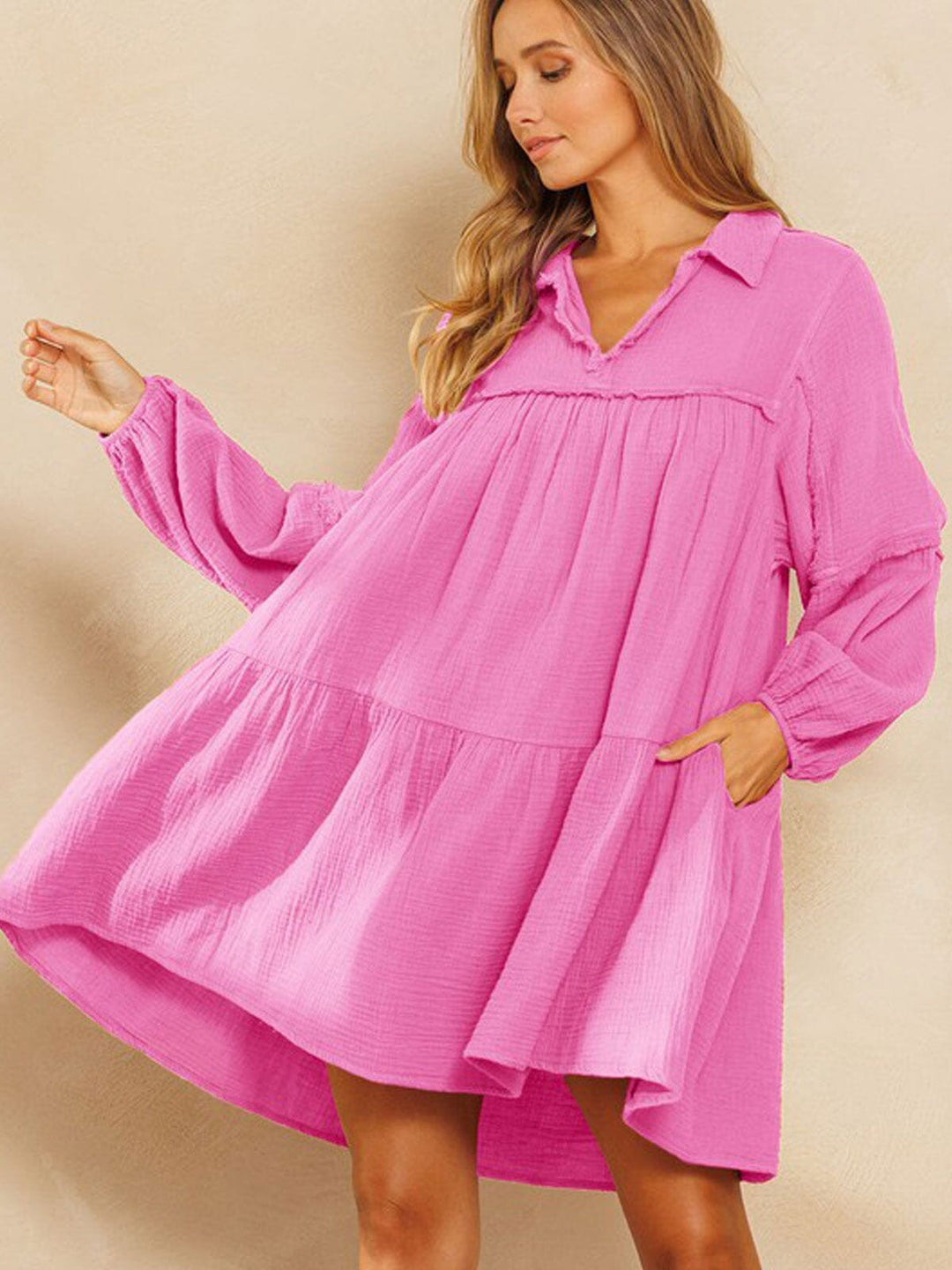 WOMEN'S LONG SLEEVE V-NECK FRONT POCKETS TIERED MIDI DRESS