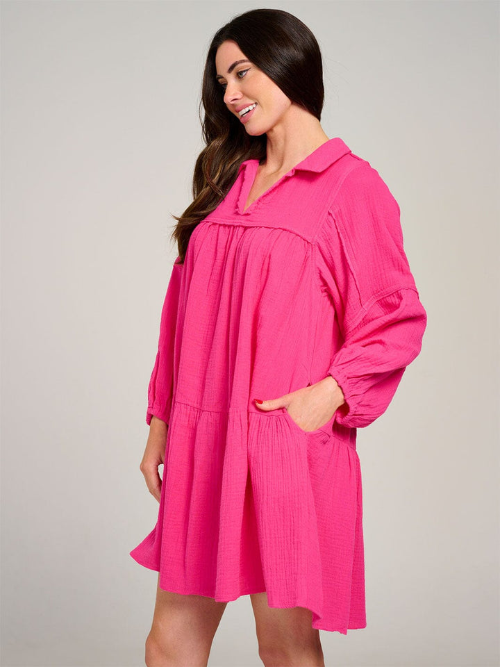 WOMEN'S LONG SLEEVE V-NECK FRONT POCKETS TIERED MIDI DRESS