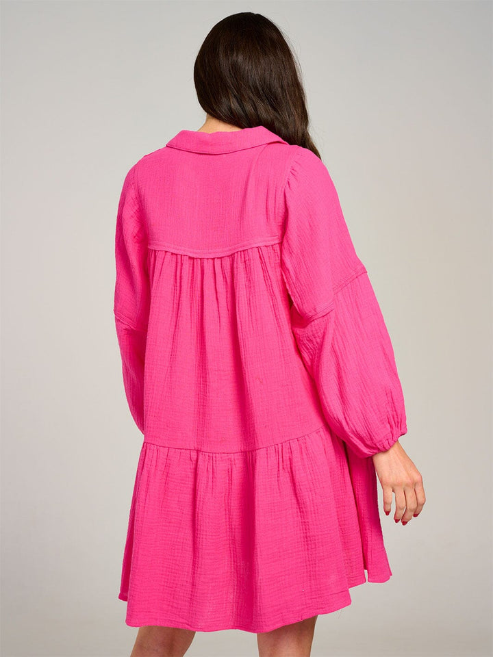 WOMEN'S LONG SLEEVE V-NECK FRONT POCKETS TIERED MIDI DRESS