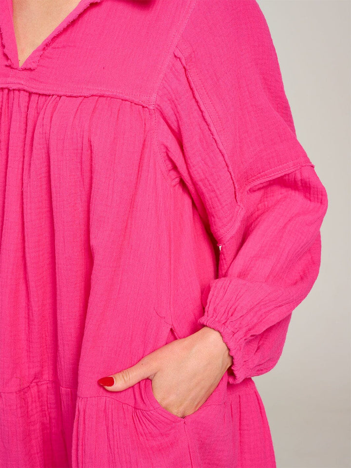 WOMEN'S LONG SLEEVE V-NECK FRONT POCKETS TIERED MIDI DRESS