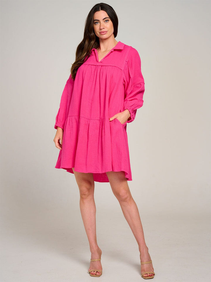 WOMEN'S LONG SLEEVE V-NECK FRONT POCKETS TIERED MIDI DRESS