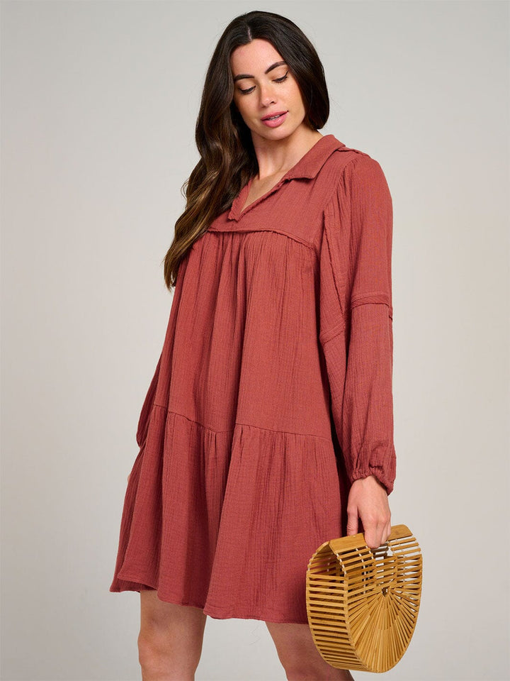 WOMEN'S LONG SLEEVE V-NECK FRONT POCKETS TIERED MIDI DRESS