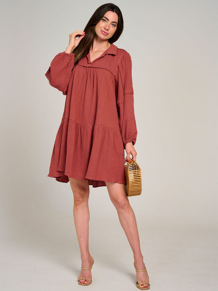 WOMEN'S LONG SLEEVE V-NECK FRONT POCKETS TIERED MIDI DRESS