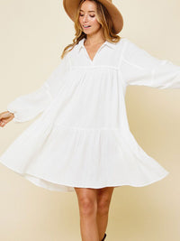 WOMEN'S LONG SLEEVE V-NECK FRONT POCKETS TIERED MIDI DRESS