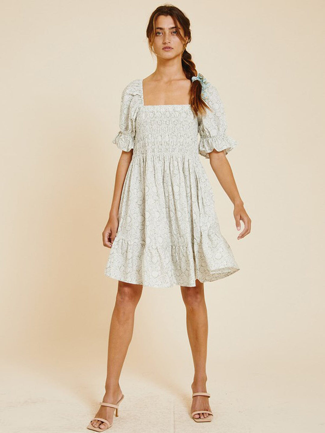 WOMEN'S SHORT PUFF SLEEVE SQUARE NECK POCKETS PRINTED MINI DRESS