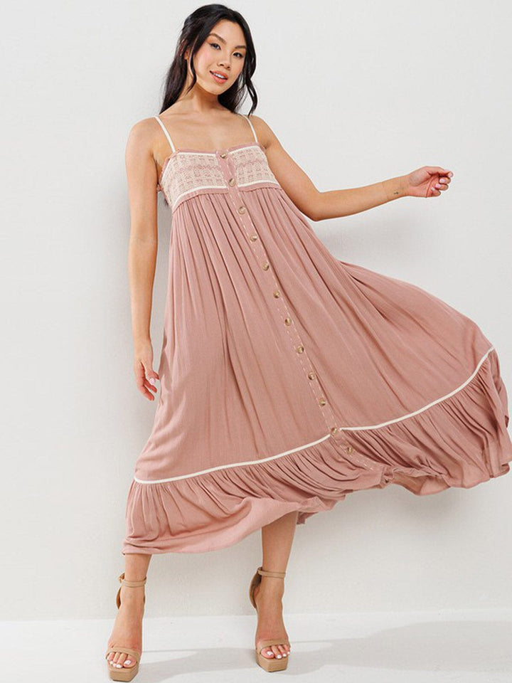 WOMEN'S SLEEVELESS SMOCK DETAILED RUFFLE BOTTOM HEM MAXI DRESS