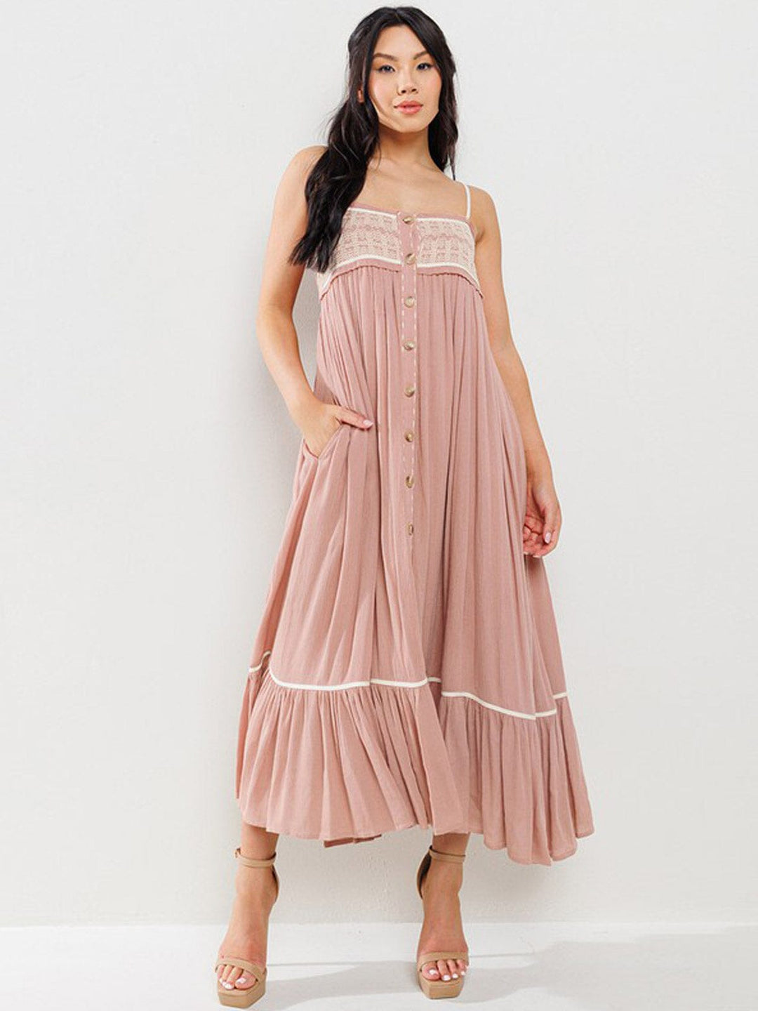 WOMEN'S SLEEVELESS SMOCK DETAILED RUFFLE BOTTOM HEM MAXI DRESS