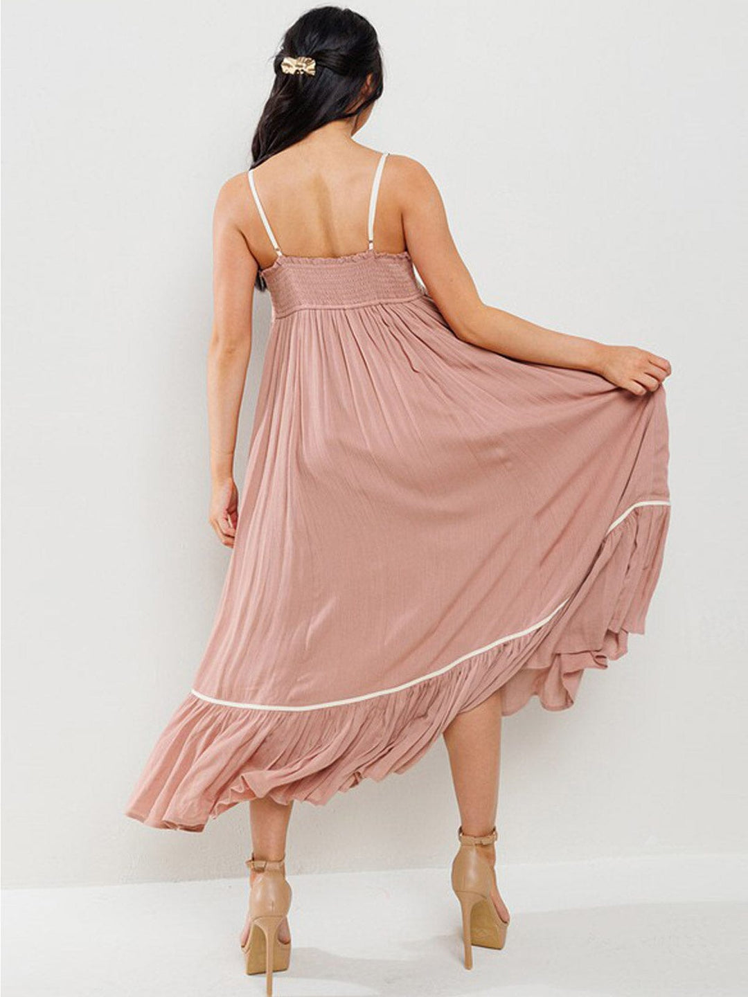 WOMEN'S SLEEVELESS SMOCK DETAILED RUFFLE BOTTOM HEM MAXI DRESS