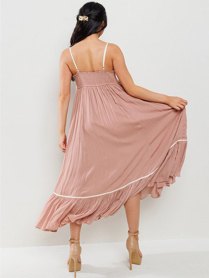 WOMEN'S SLEEVELESS SMOCK DETAILED RUFFLE BOTTOM HEM MAXI DRESS