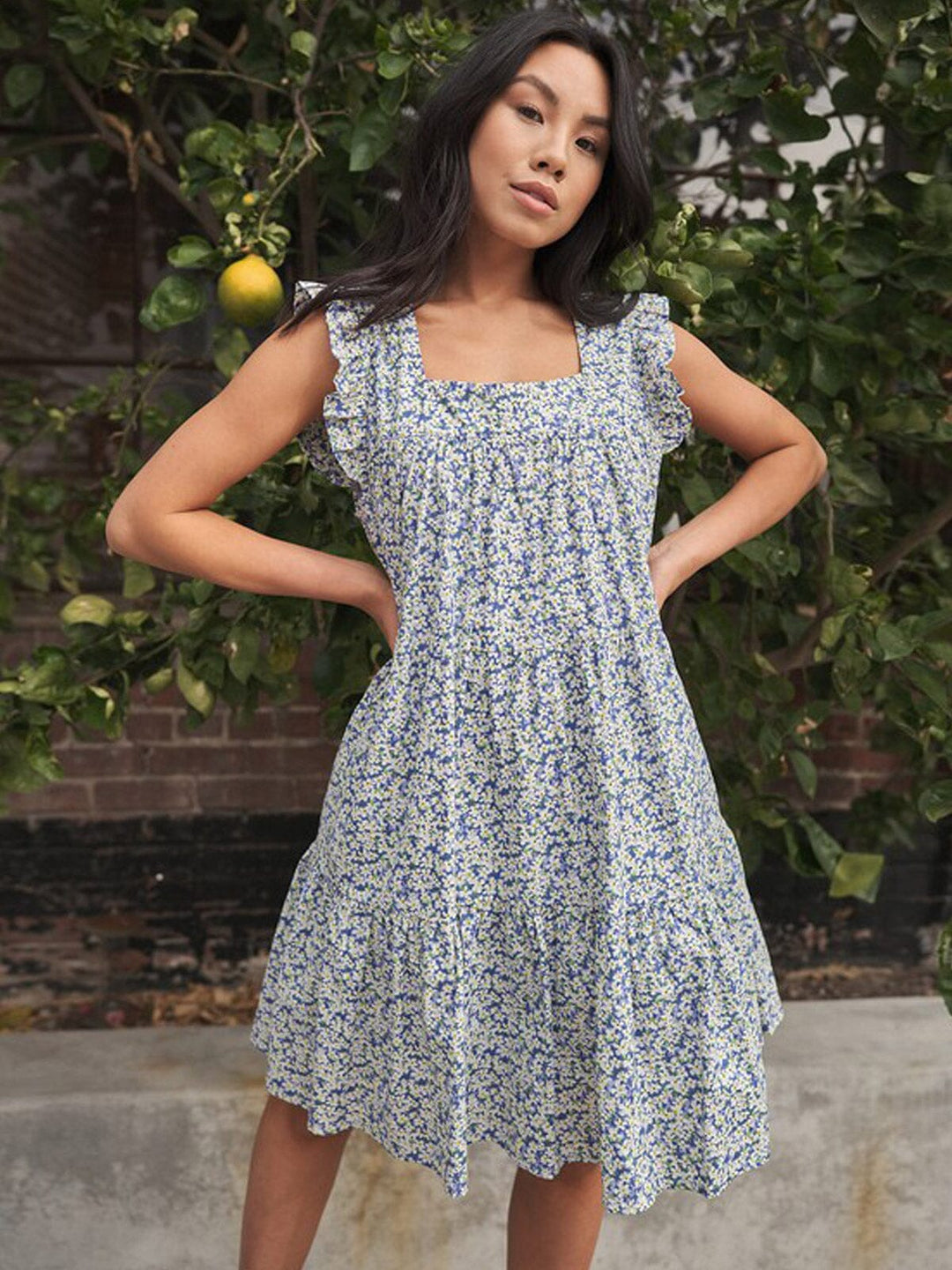 WOMEN'S SHORT RUFFLE SLEEVE POCKETS TIERED FLORAL MINI DRESS