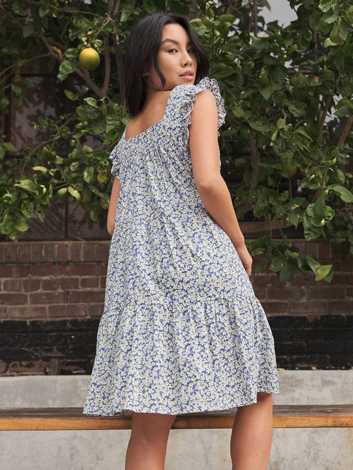 WOMEN'S SHORT RUFFLE SLEEVE POCKETS TIERED FLORAL MINI DRESS