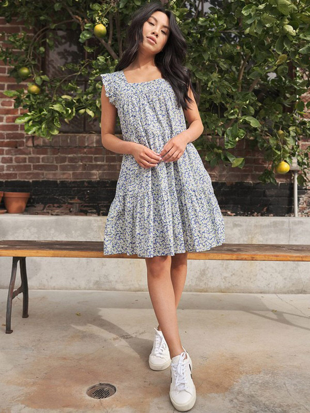 WOMEN'S SHORT RUFFLE SLEEVE POCKETS TIERED FLORAL MINI DRESS